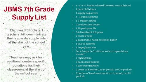 Supply list for 7th grade